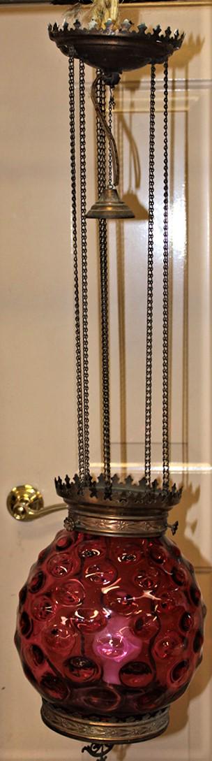 Antique Hanging Pull Down Cranberry Hall Lamp with (1 of 3)