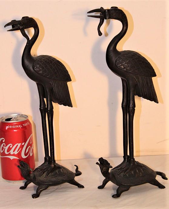 Pair of Antique Bronze Stork Standing on a Turtle (1 of 5)