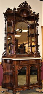 Monumental "Meeks" Quality Rosewood Marble Top Etagere: Monumental "Meeks" quality rosewood marble top etagere with hooded pierced carved crest in very nice condition. 54" wide, 106" tall, 21" deep.