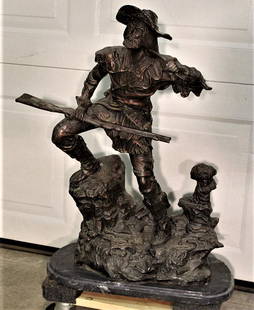 Large Very Heavy Mountain Man Bronze on Marble Base: Large very heavy mountain bronze on marble base in nice condition. Well done. Marshall Mitchell titled Unexpected Trouble. 21" wide, 28" tall, 11" deep.