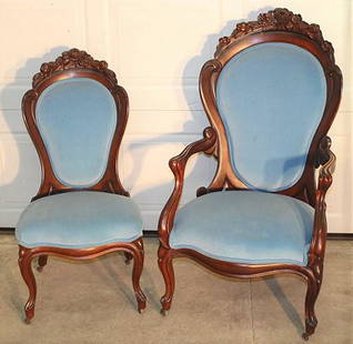 2 Rosewood "Rosalie" Belter Chairs: 2 rosewood "Rosalie" Belter chairs. Laminated in excellent condition. Legs, veneer all good. Nice and tight. Larger chair is 24" wide, 43" tall, 29" deep.