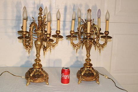 Wonderful Pair of Solid Brass and Marble 5 Arm Lamps: Wonderful pair of solid brass and marble 5 arm lamps. Very fancy in nice condition. 14" wide, 23" tall.