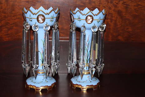 Fabulous Pair of Enameled Decorated Blue Lustres with: Fabulous pair of enameled decorated blue lustres with large cut glass prisms. One prism has a line.