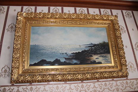 Exceptional Victorian Artist Signed Oil on Canvas of: Exceptional Victorian artist signed oil on canvas of ocean and boat scene. Signed J. H. Slack with the best original gilt frame, 1 small corner chipped (see photo). 50" wide, 31" tall.