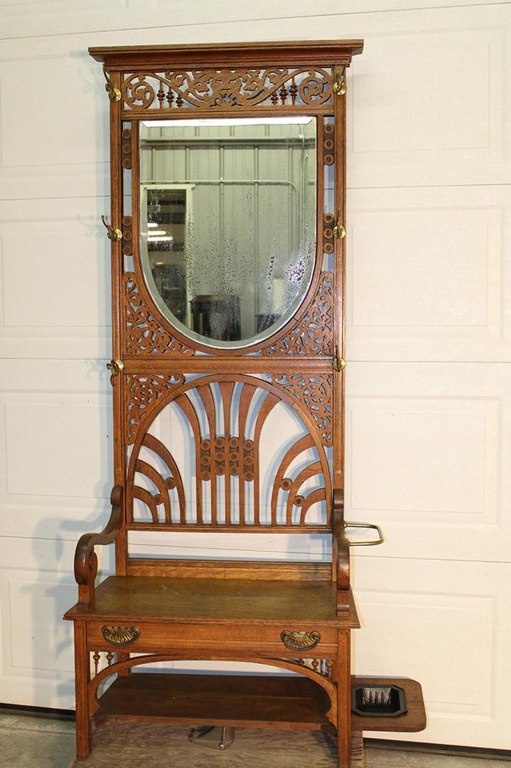 Fancy Pierced Carved Oak Hall Tree with Shaped Beveled (1 of 5)