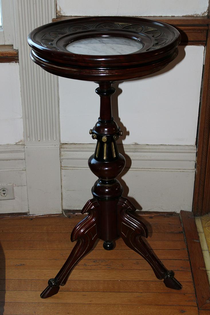 Nice Walnut Insert Pedestal with Gold Trim and Hoof: Nice walnut insert pedestal with gold trim and hoof feet (not antique). Split on top (see photo) but really good looking. 16" wide, 31" tall.