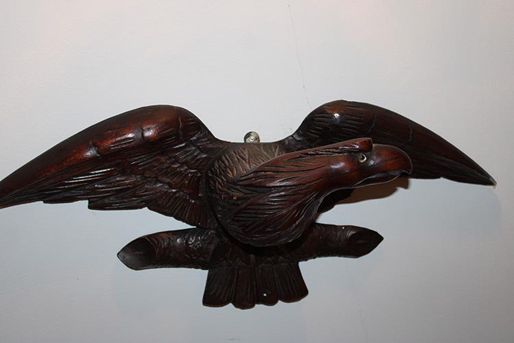 Victorian Walnut Hand Carved Walnut 23" Eagle with: Victorian walnut hand carved walnut 23" eagle with glass eyes. 23" wide, 9" tall, 5" deep.