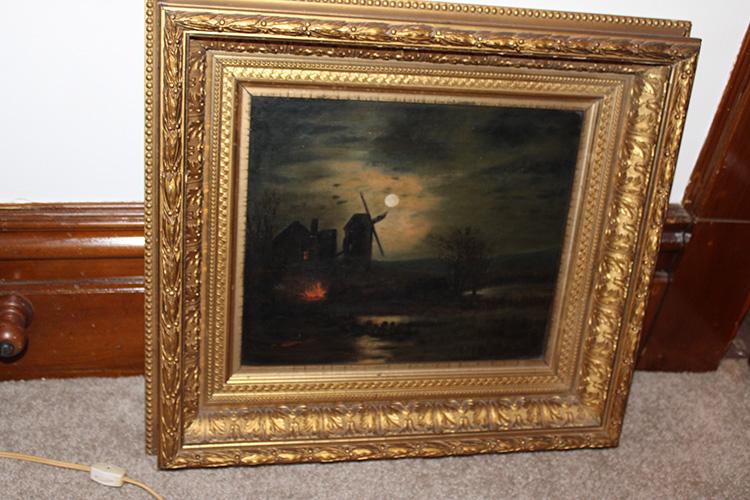 1880's Oil on Canvas of Wind Mill with Moonlight, (1 of 7)