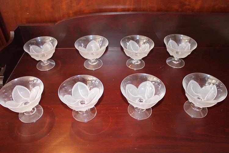 Set of 8 Lalique Style 5" Sherbets: Set of 8 Lalique style 5" sherbets with etch floral design in perfect condition. 5" wide, 4" tall.