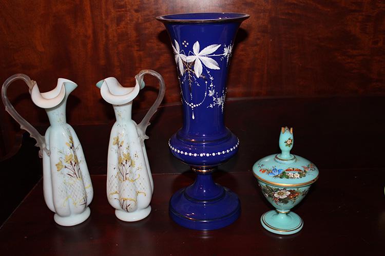 Lot of Victorian Art Glass with Enameling: Lot of Victorian art glass with enameling. Largest has a small sliver chip (see photo), the rest are perfect. Tallest is 13".