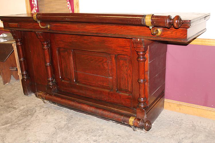 Awesome 93" Oak Bar With Rails, Raised Paneled With Sink: Awesome 93" oak bar with rails, raised paneled with sink. Comes apart, might have been large at one time. Perfect size for a home. 93" wide, 43" tall, 32" deep.