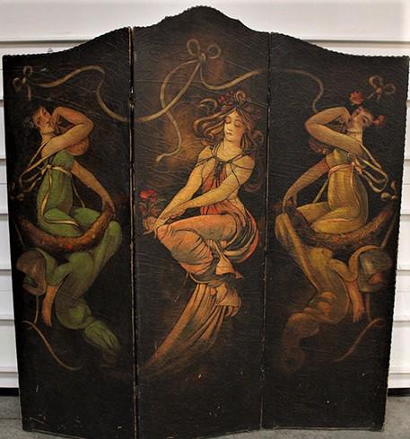 Impossible To Find Original Hand Painted Leather Art Nouveau Dressing Screen (2 Oriental Girls) C. (1 of 7)