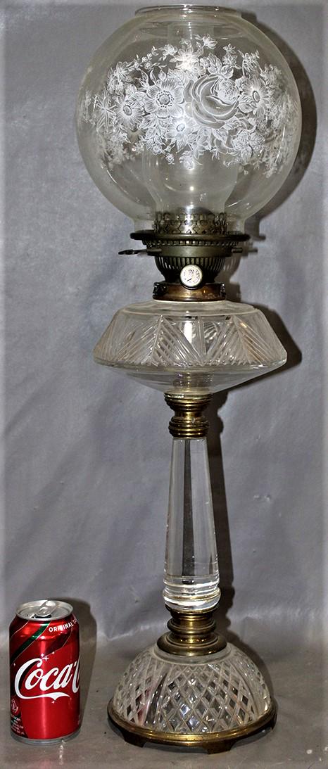26" Piano Lamp Bronze And Cut Glass With An Enameled Floral Shade: 26" piano lamp bronze and cut glass with an enameled floral shade. No cracks or chips. 8" wide, 26" tall.