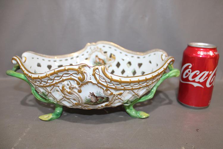 Large 19Th C. Meissen 12" Wild Game Porcelain Basket: Large 19th C. Meissen 12" wild game porcelain basket. Looks to have a repair on 1 handle and a couple tips on leaves. 12" wide, 4" tall, 7" deep.