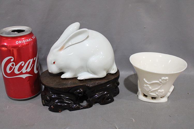 Early Chinese Dehua Blanc De Chine Rabbit And Prunus Wine Cup: Early Chinese Dehua Blanc De Chine rabbit and prunus wine cup all in nice condition.