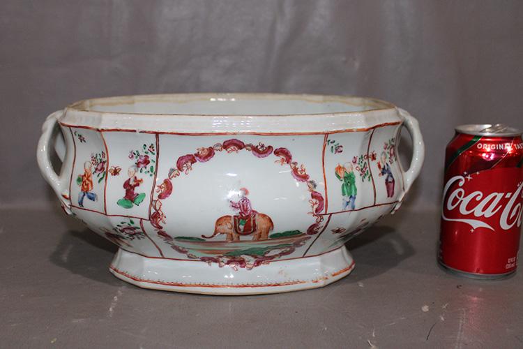 Famille Rose Handled Tureen: Famille rose handled tureen. Very early, has a couple of chips on the handles (see photo). 12" wide, 6" tall, 8" deep.