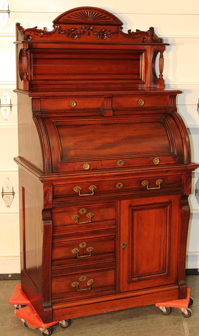 Classy Victorian Cylinder Roll Desk: Classy Victorian cylinder roll desk with a fancy double gallery. Floral and fan carved, very clean. 34" wide, 60" tall, 21" deep.