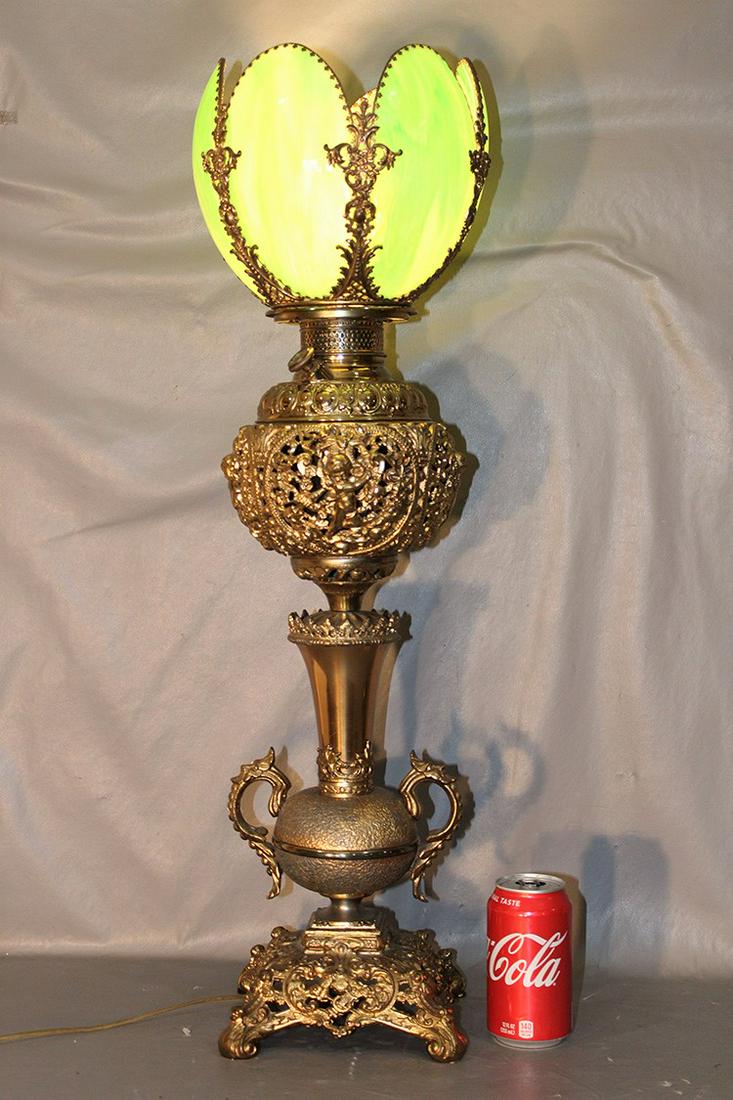Pristine 29" Antique Piano Lamp With Green Slag Shade (1 of 10)