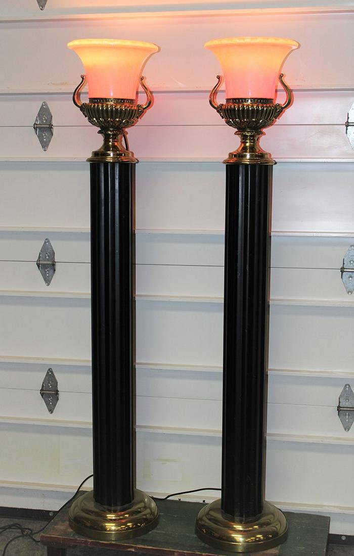 Pair Of Real Neat Mid Century Style Torchere Lamps: Pair of real neat mid century style torchere lamps. Red glow or change blubs. (1) shade has a tooth chip (not noticeable). 10" wide, 67" tall.