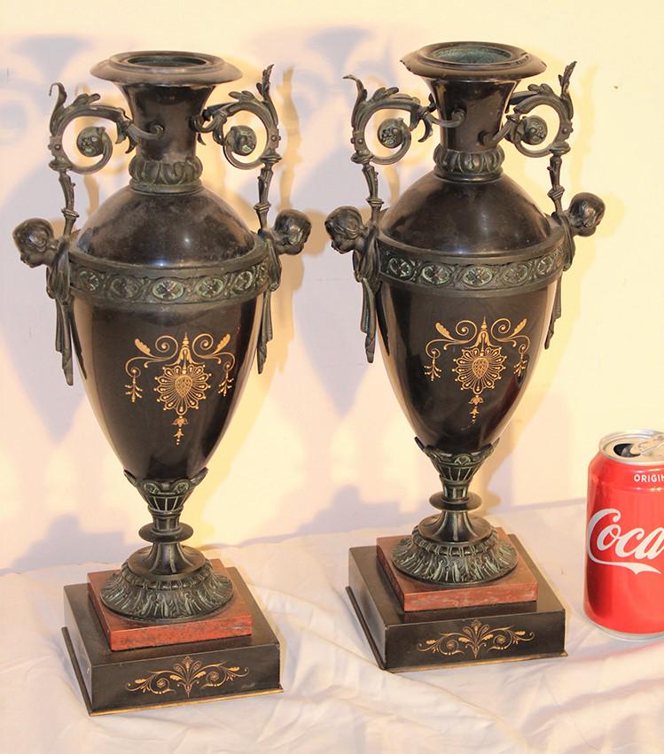 Super Pair Of Victorian 15" Bronze And 2 Tone Marble Garnitures: Super pair of Victorian 15" bronze and 2 tone marble garnitures with gold incising, aesthetic motif with heads. Some flicks on top edge (see photo).