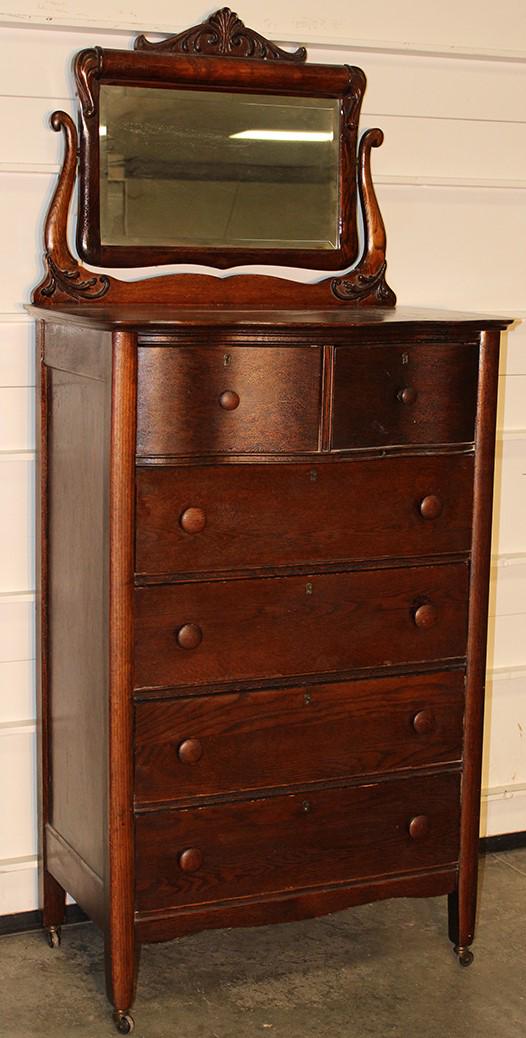 Original Finish Oak Tall Chest With Fancy Beveled Mirror (1 of 3)