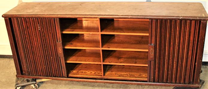 Oak 59" Cutler Roll Top Companion (Fits A 60" Desk): Oak 59" Cutler roll top companion (fits a 60" desk) or can be used separately in original finish. Has some paint splattering, also parts need to be recanvassed. 59" wide, 22" tall, 13" deep.