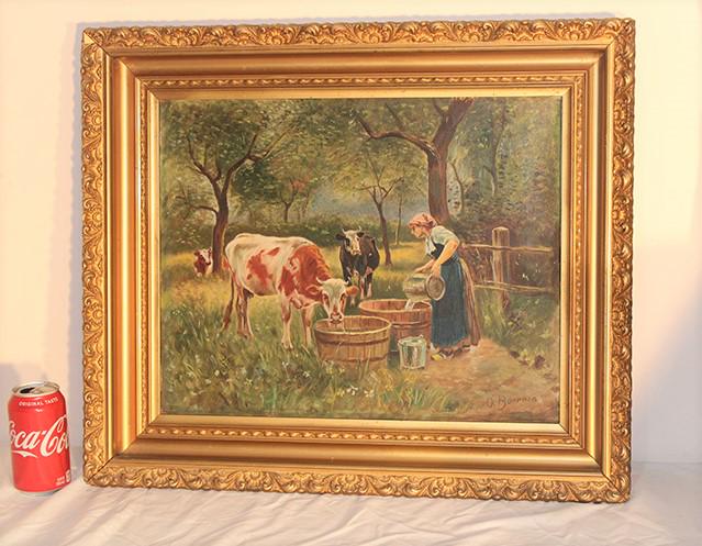 Large Painting Artist Signed Oil On Canvas Feeding The Cows (1 of 4)