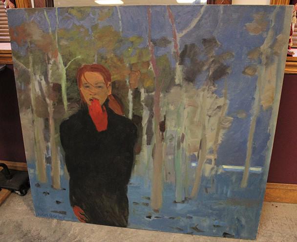 Large Oil On Canvas Artist Signed Joan Barber: Large oil on canvas artist signed Joan Barber titled Girl with Red Gloves 1993, exhibited in Clark etc. 48" wide, 44" tall.