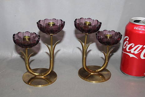 Pair Of Mid Century Gunnar Ander Candlesticks: Pair of mid century Gunnar Ander candlesticks by Ystad-Metall Swden with amethyst cups in excellent condition.