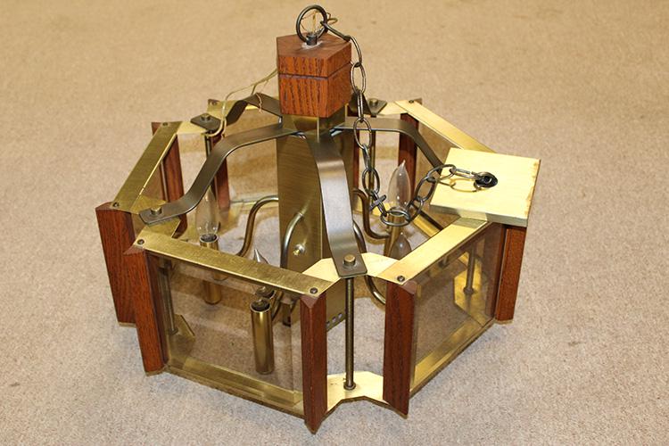 Signed Raymond Fredrick Mid Century Oak And Beveled Glass Chandelier (1 of 3)