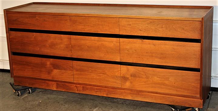 Mid Century Modern Walnut Lowboy Dresser By Merton Gershin For Dillingham: Mid century modern walnut lowboy dresser by Merton Gershin for Dillingham in good condition. 1 rub on the base (see photo). 73" wide, 30" tall, 19" deep.