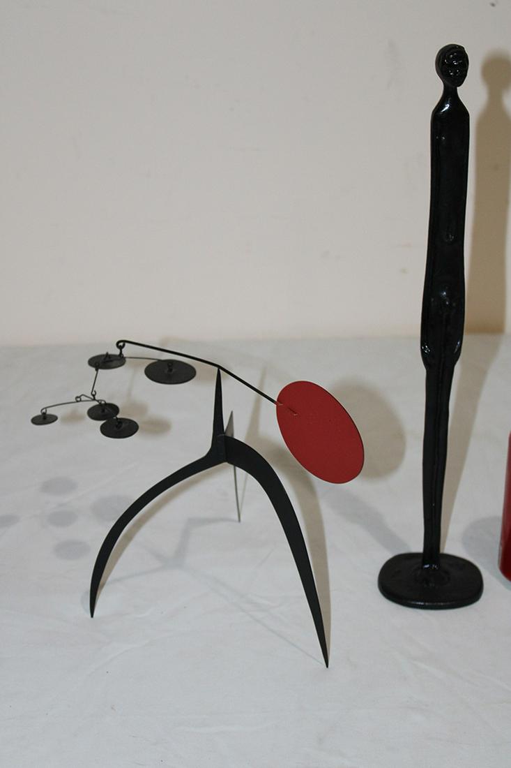 2 Mid Century Signed Mobiles And Sculpture Of A Nude Man: 2 mid century signed mobiles a metal sculpture of a nude man. Man is 14" tall.