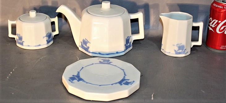 Signed Rookwood Pottery Tea Set And Trivet With Ships: Signed Rookwood pottery tea set and trivet with ships. All marked with the P and reversed R. #M-15, 19, 20, etc. All good, estate fresh.