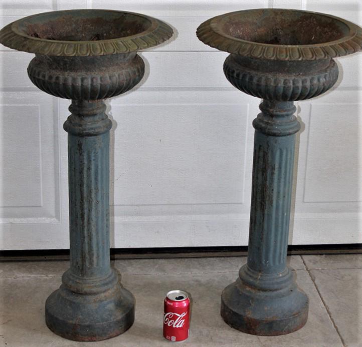 Pair Of Cast Iron Urn With Tall Reeded Post (1 of 3)