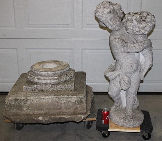 Antique Poured Concrete 2 Piece Cupid Garden Statue (1 of 4)
