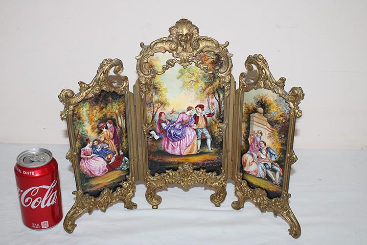 Fabulous 3 Section Victorian Hand Painted Miniature Enameled Screen (1 of 6)
