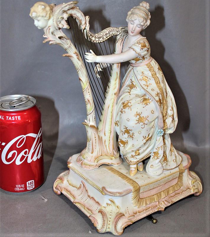 Real Nice 19Th C. Porcelain Lady Playing A Harp With A Music Box (1 of 6)