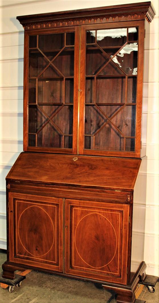 Nice Period Inlaid High Quality Slant Front Secretary: Nice period inlaid high quality slant front secretary with individual pane glasses. Raised panel backs with a fitted interior in excellent condition with a green tooled leather surface. 44" wide, 87" 