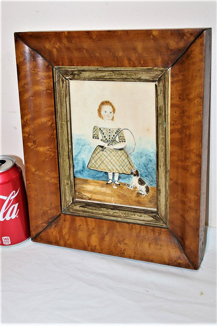 Wonderful 1843 Painting On Paper Of A Little Girl And Her Dog (1 of 4)