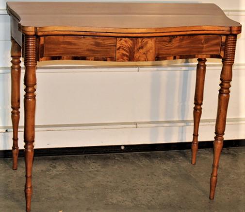Awesome Period Inlaid Cherry Tip And Turn Table: Awesome period inlaid cherry tip and turn table with turned legs in real nice estate fresh condition. 36" wide, 30" tall, 18" deep.