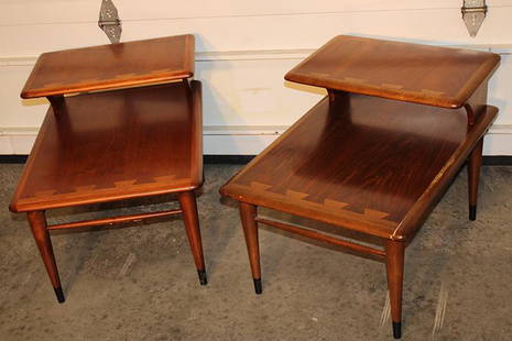 Pair Of Signed Lane Acclaim Walnut Dovetail Step End Tables: Pair of signed Lane Acclaim walnut dovetail step end tables by Andre Bus. Both in nice condition, one has a slight joint separation (see photos). 20" wide, 21" tall, 28" deep.