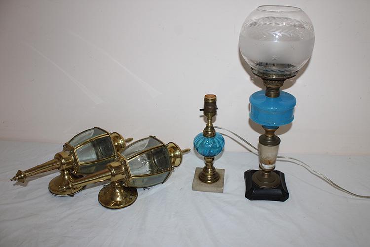 Group Of Lamps: Group of lamps including nice piano lamp with etch shade and pair of sconces, all in nice condition. Largest lamp is 19".