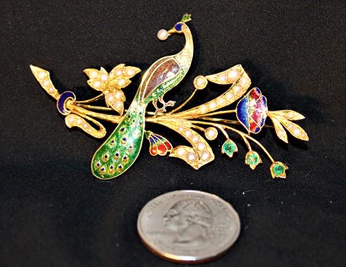 Awesome 18k pin with 38 natural baroque pearls and enameled pheasant, etc. (1 of 3)