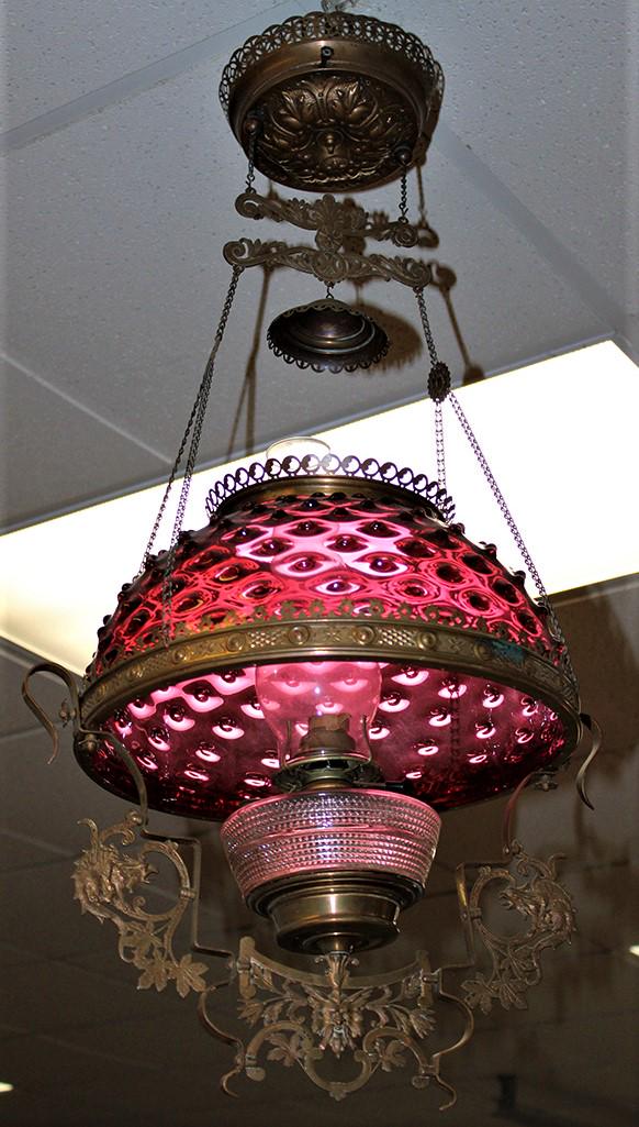 Super Antique Cranberry Hobnail Pull Down Lamp With Original Oil