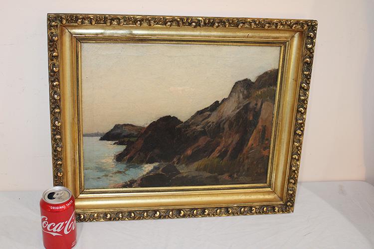 Oil on canvas of rocks and ocean signed E. L. Smythe (1 of 5)