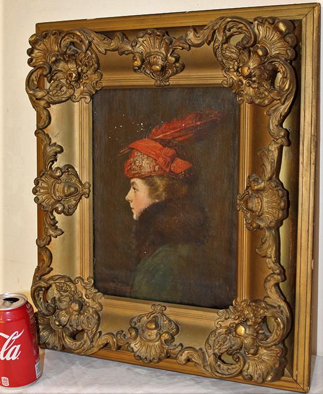 Estate fresh oil on canvas of extremely well listed artist Harry Roseland girl with feathered hat (1 of 4)