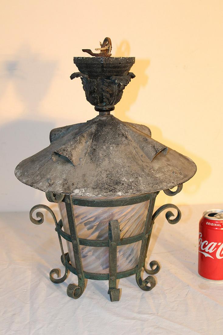 Mission style hanging lamp with opalescent shade (1 of 3)