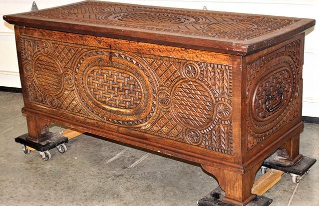 Large deeply carved oak lift top blanket chest with all over intricate carvings (1 of 5)