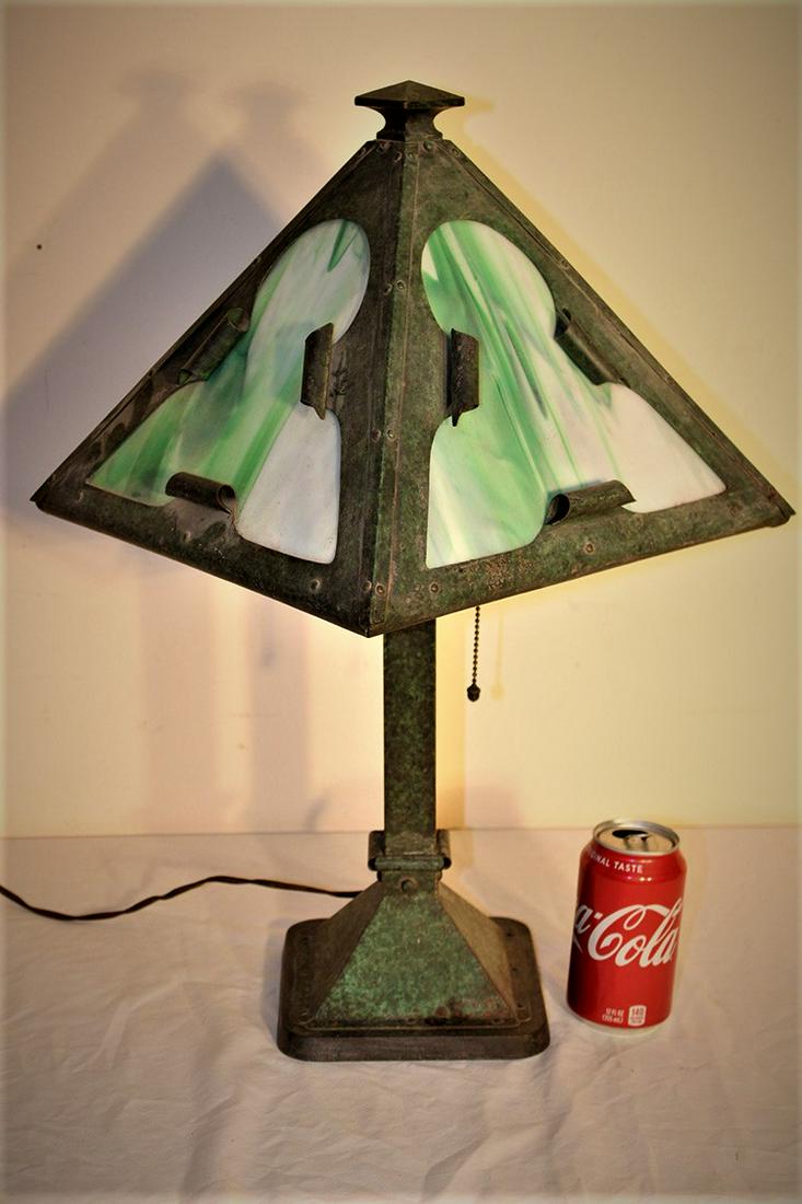 Super unusual Mission style Bradley and Hubbard lamp: Super unusual Mission style Bradley and Hubbard lamp. Green patina and Hubbell sockets, all glass good. 22" tall.