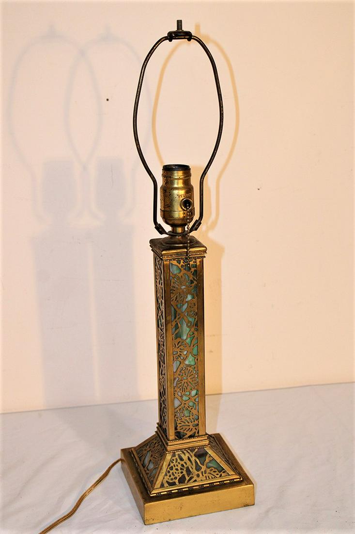 Bronze overlay lamp base either Tiffany or Revere with green slag glass (1 of 5)
